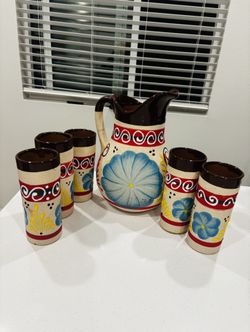Authentic Mexican Jarra (pitcher) With Cups