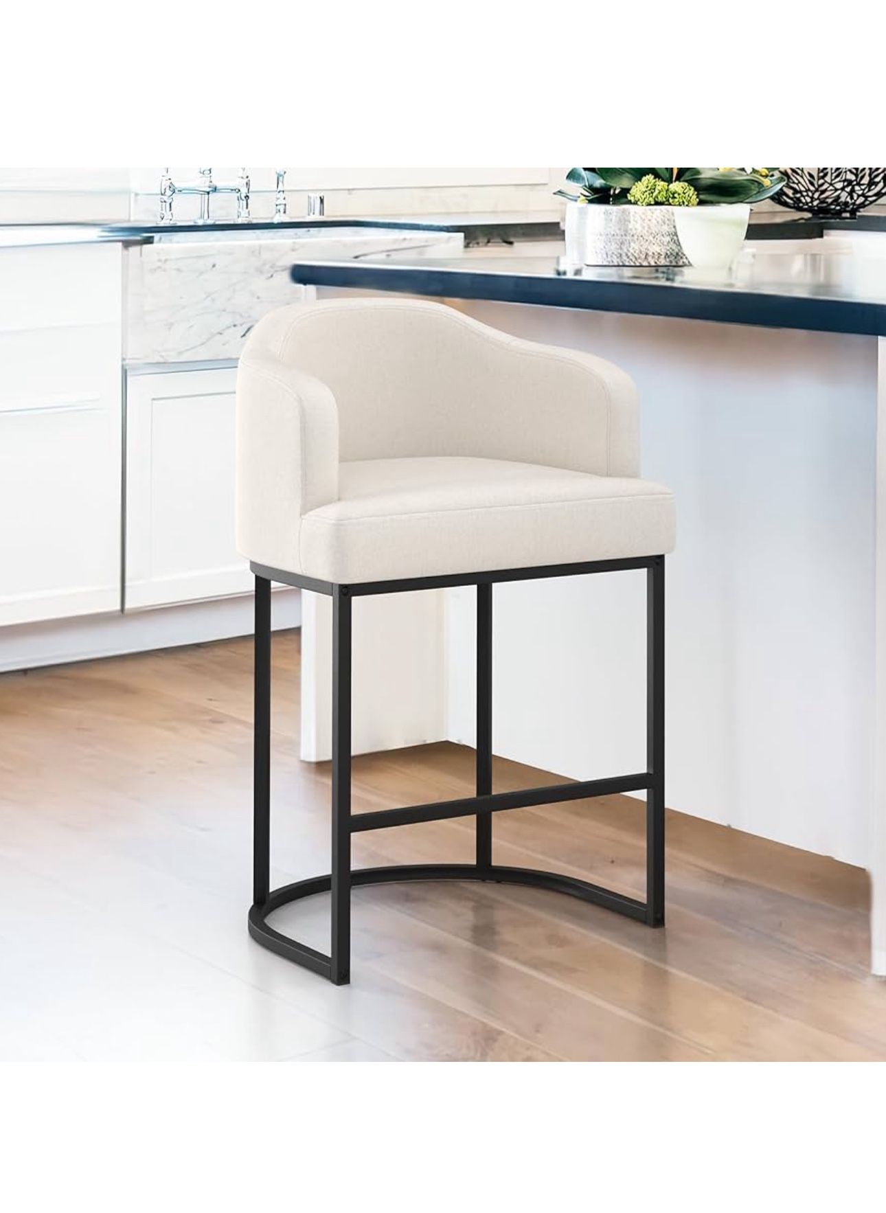 LUE BONA 27" H Counter Height Bar Stools, Modern Counter Stools with Curved Backrest and Arms, Black Metal Frames, Linen Fabric Upholstered Barstools