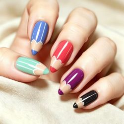 24pcs Colored Pencils Art Teacher Design, Medium Length Almond Press on Nails