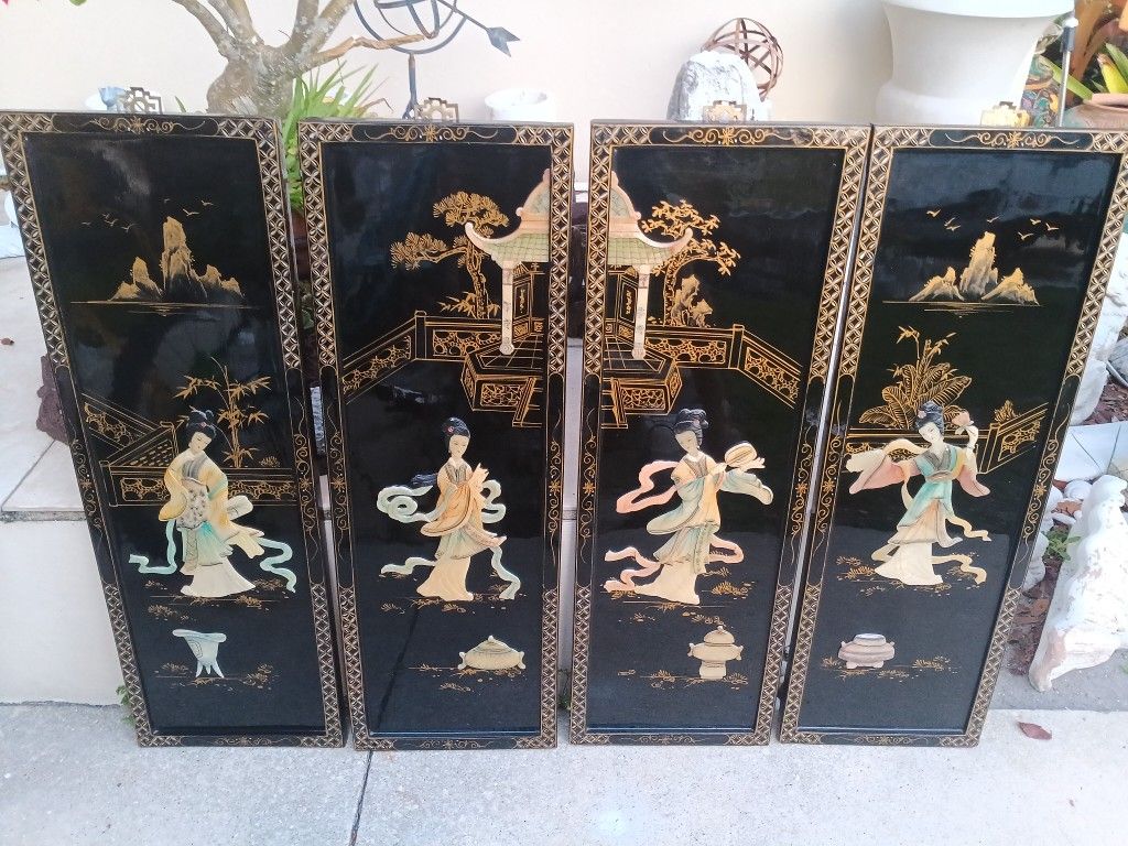 Vintage Asian Black Lacquered/Mother Of Pearl Wall Art