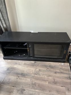 Black Wood TV Stand with Glass Sliding Doors