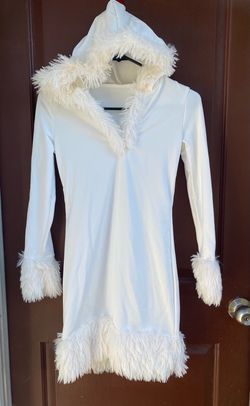 White Hooded Mini Dress with Faux Fur Trim