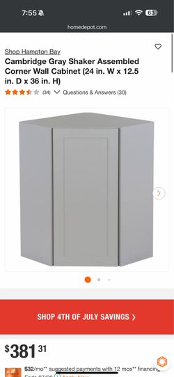 Hampton Bay Cambridge Gray Shaker Assembled Corner Cabinet (24 in. W x 24.5 in. D x 30 in. H) $99