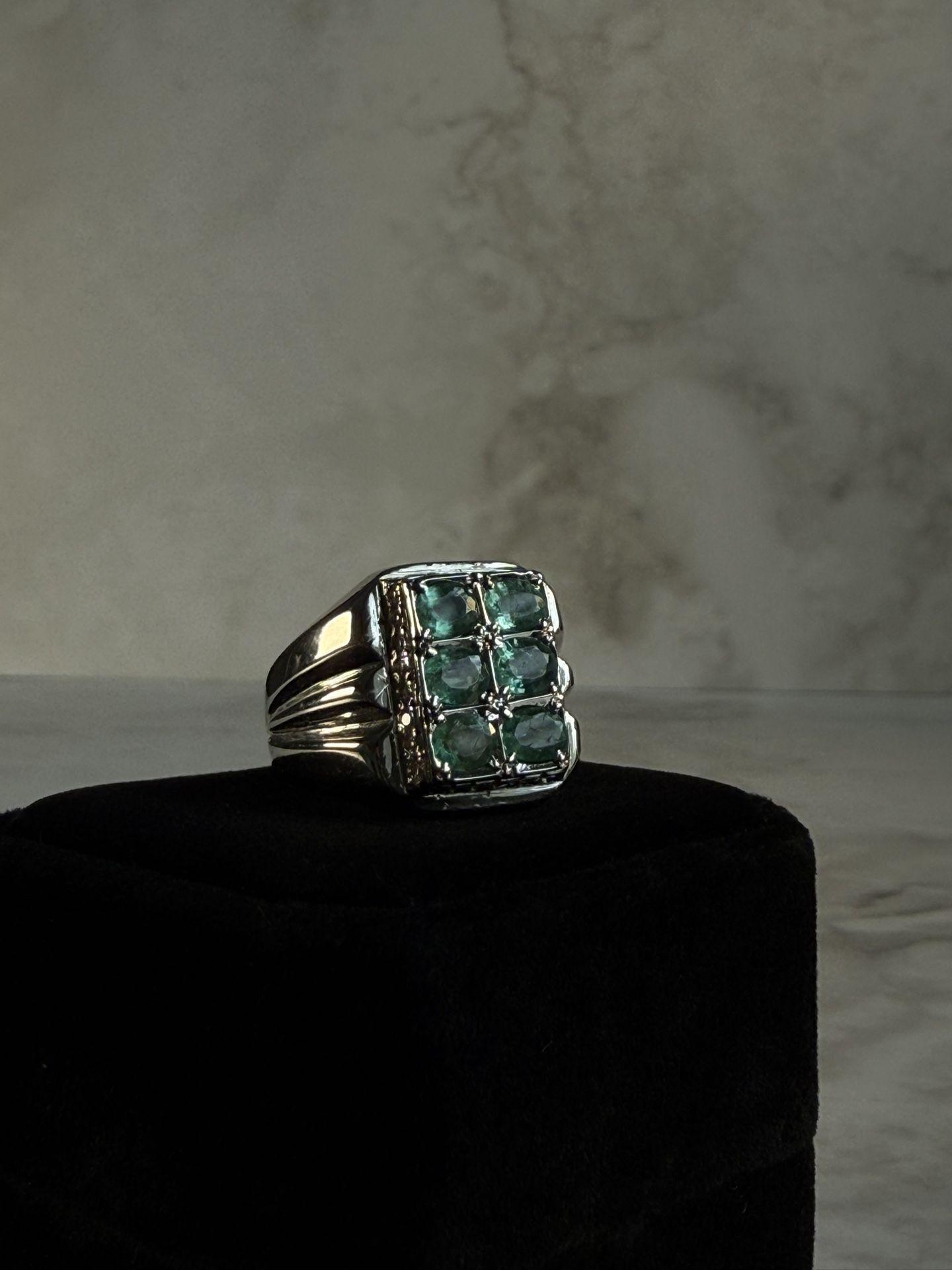 Men’s 925 Sterling Silver Ring with 6 Natural Panjshir Emeralds – Size 10.5 