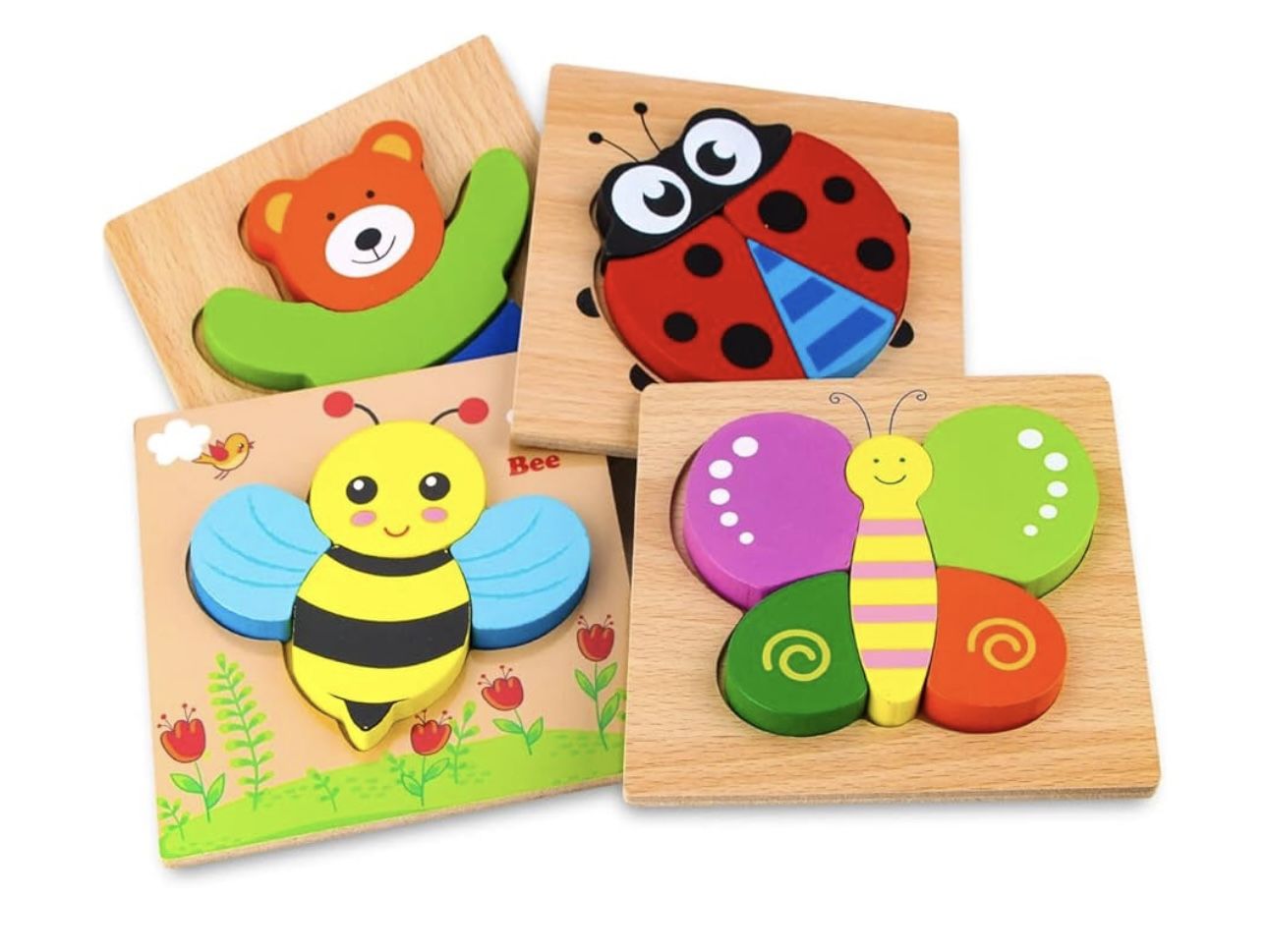 SKYFIELD 4-Wooden Animal Puzzles for Toddlers 1, 2, 3 Year Olds;, Boys & Girls Educational Toy with 4 Animal Patterns, Bright Vibrant Color Shapes