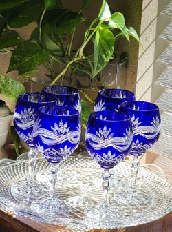 Cobalt Blue Cut-to-Clear Crystal Wine Glasses Set of 6 and tray.