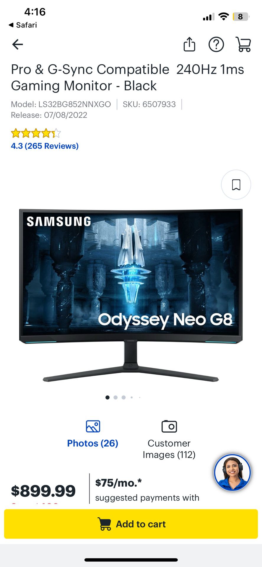 Samsung - Odyssey Neo G8 32" Curved 4K UHD FreeSync Premium Pro & G-Sync Compatible 240Hz 1ms Gaming Monitor - Black 