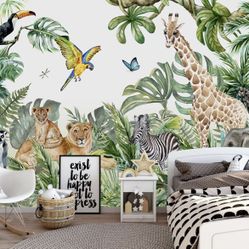 Animals Jungle Wallpaper Children's Room Large Mural- 180"x120"（not Peel and Stick)