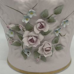 Vintage Pale Pink Lefton China Bisque & Porcelain Vase Applied Roses Japan 826