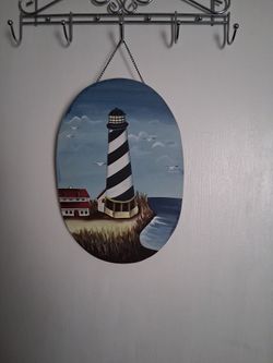 Lighthouse Painting Oval On Hanging Chain