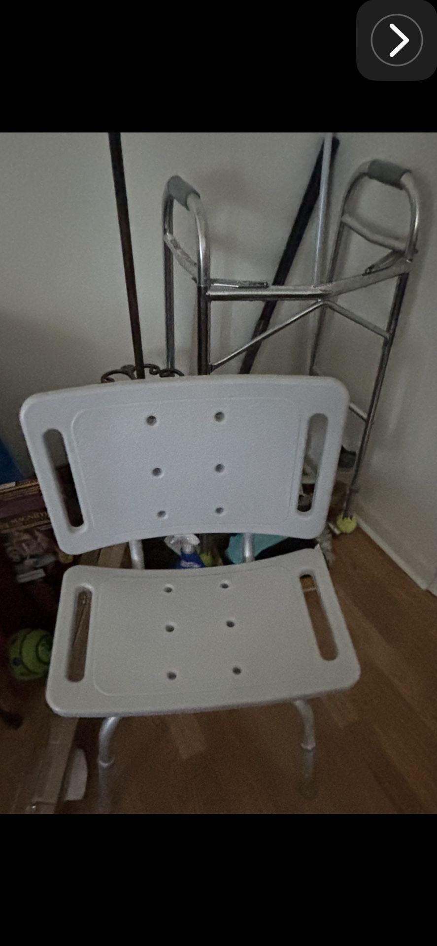 shower chairs, toilet seats,, walkers ( 2 types), depends ( S-L) crutches , wheel chairs