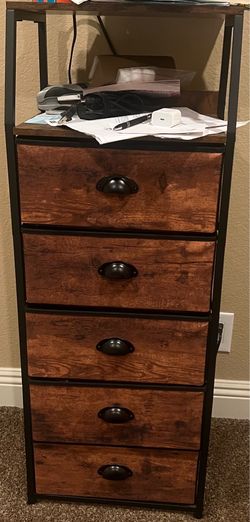 5-Drawer Fabric Storage Chest / Tower – Rustic Brown & Black Frame – 43” Tall