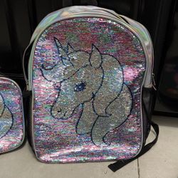 Girls Metallic Flip Sequin Unicorn Backpack With Lunch bag 