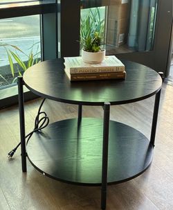 Modern Black Round Coffee Table with Storage Shelf- W power plug