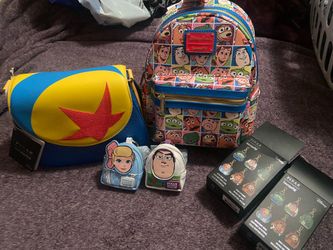 Lounge fly Toy Story backpack + Pixar Ball crossbody + 2 tiny backpacks (Bopeep and Buzz) bundle