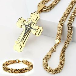 3-Pcs Uniquely Crafted Multi-Layer Titanium 2-Tone Cross Pendant With 24"Byzantine Chain Necklace & Bracelet