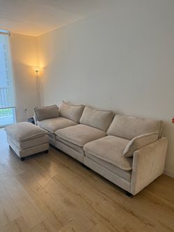 112” Cloud Couch + Ottoman – Cream Corduroy – Moving ASAP