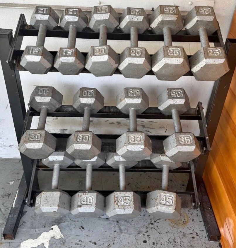 SET OF MATCHING STEEL HEX DUMBBELLS & 3 TIER DUMBBELL RACK (PAIRS OF) : 15s 20s 25s 30s 35s 40s 45s