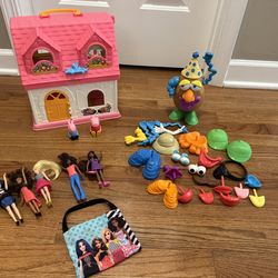 Kids Toy Lot # 14 (Little People doll house with sounds and music, Mini Barbies/Bag, Mr. Potato Head toy)