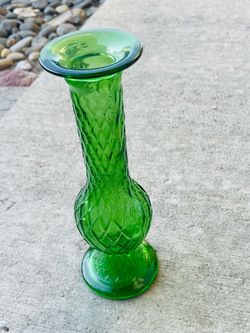 Green Glass Bud Vase Diamond Pattern