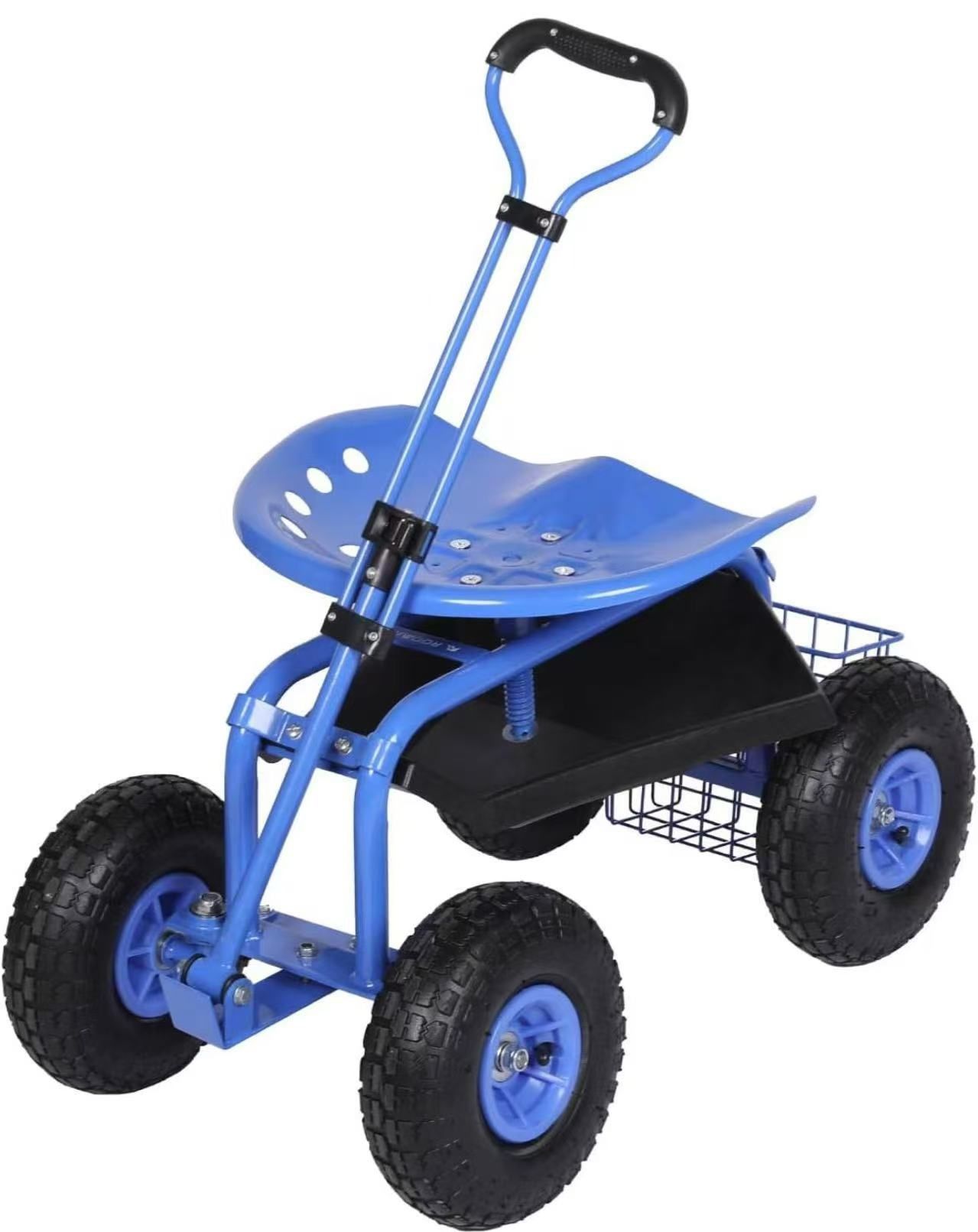 Rolling Garden Work Seat with Wheels, Gardening Stool for Planting, 360 Degree Swivel Seat, Garden Scooter with Steering Handle & Tool Tray, Garden Ch