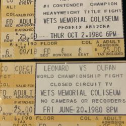 FIGHT TICKETS STUBS FROM VETS MEMORIAL COLISEUM PHX AZ   1 FROM ALI & HOLMES OCT 2,1980. 1FROM LEONARD & DURAN JUNE 20,1980
