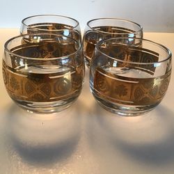 Vintage Retro MCM Gold Etched Rolly Polly Cocktail Glasses (Set of 4)