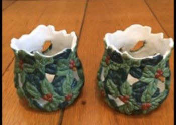 Set of 2 Christmas Votive Candle Holders Green Holly Red Berries 2 3/4" Height