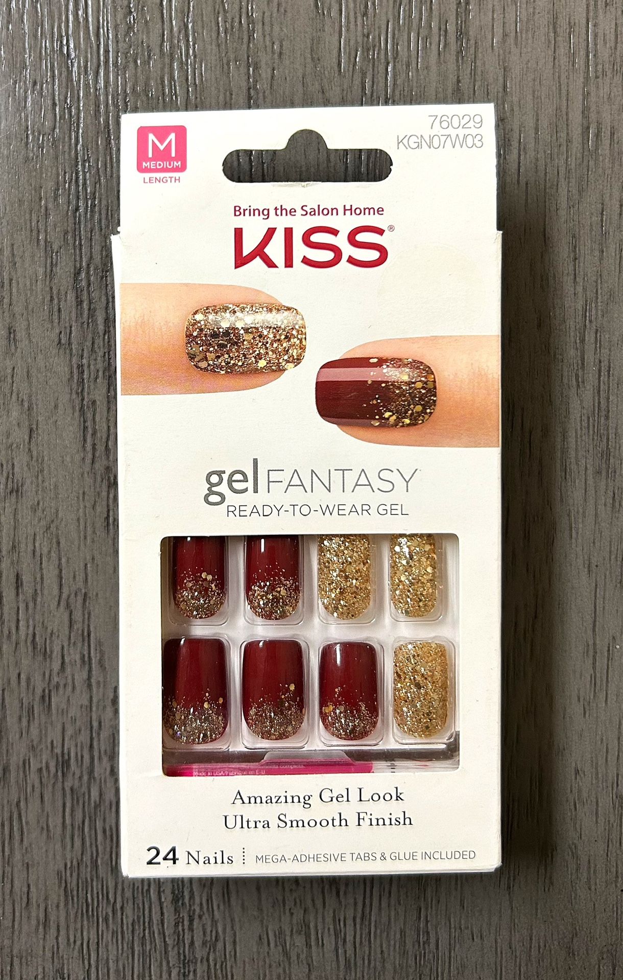 KISS Gel Fantasy Glitter Nails in Gold and Maroon Red