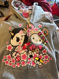 Tokidoki x Hello Kitty Zip-Up Hoodie Grey Cherry Blossom Kimono Unicorn