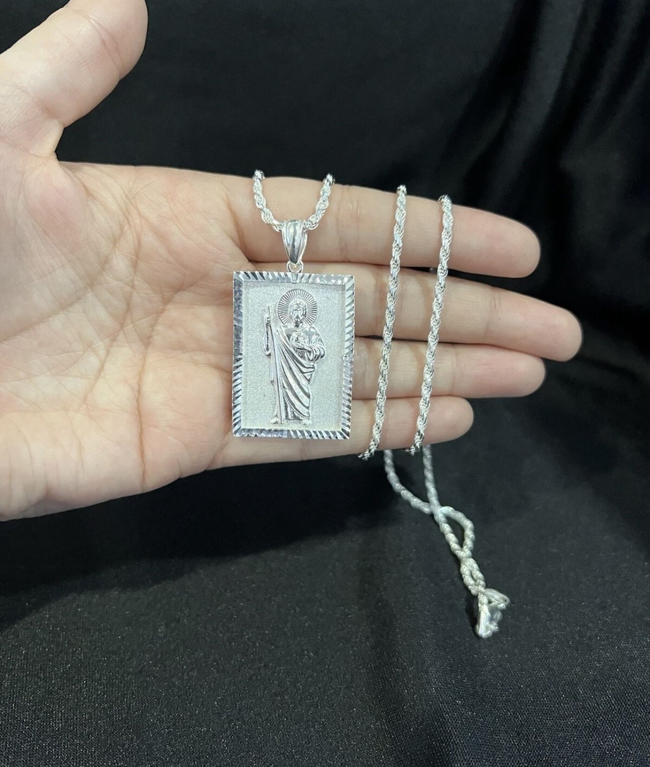 .925 Sterling Silver Men Women St Jude San Judas Pendant & Rope Chain