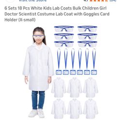 New 6 Sets, 18 Piece, White Kids costume Lab Coats, Goggles, And Card Holders