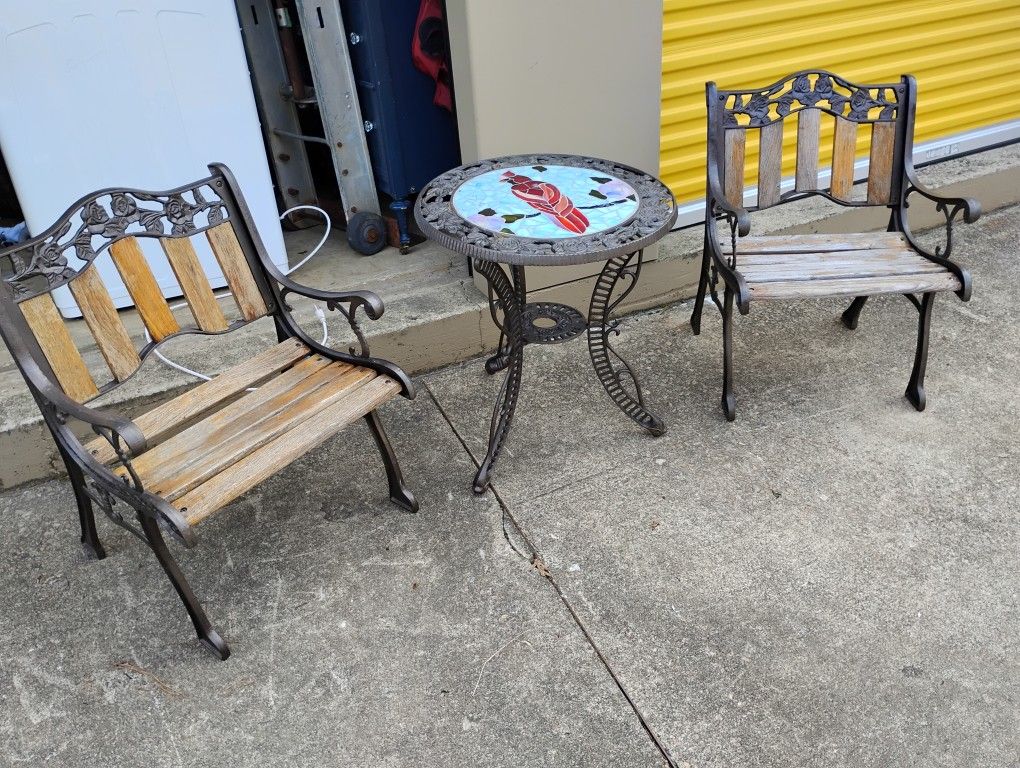 Stained Glass Rought Iron Bistro Table And 2 Chairs