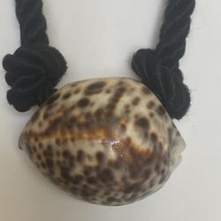 Large Cowrie Shell Pendant on Black Cord Rope Necklace 