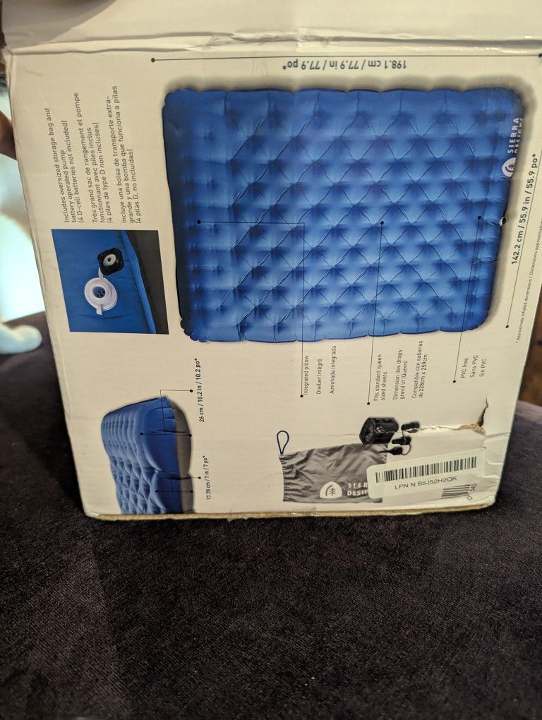 Sierra Designs Blow Up Air Queen Mattress Camping Travel Spare Room Open Box