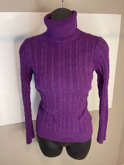 Purple Cable Knit Turtleneck Sweater
