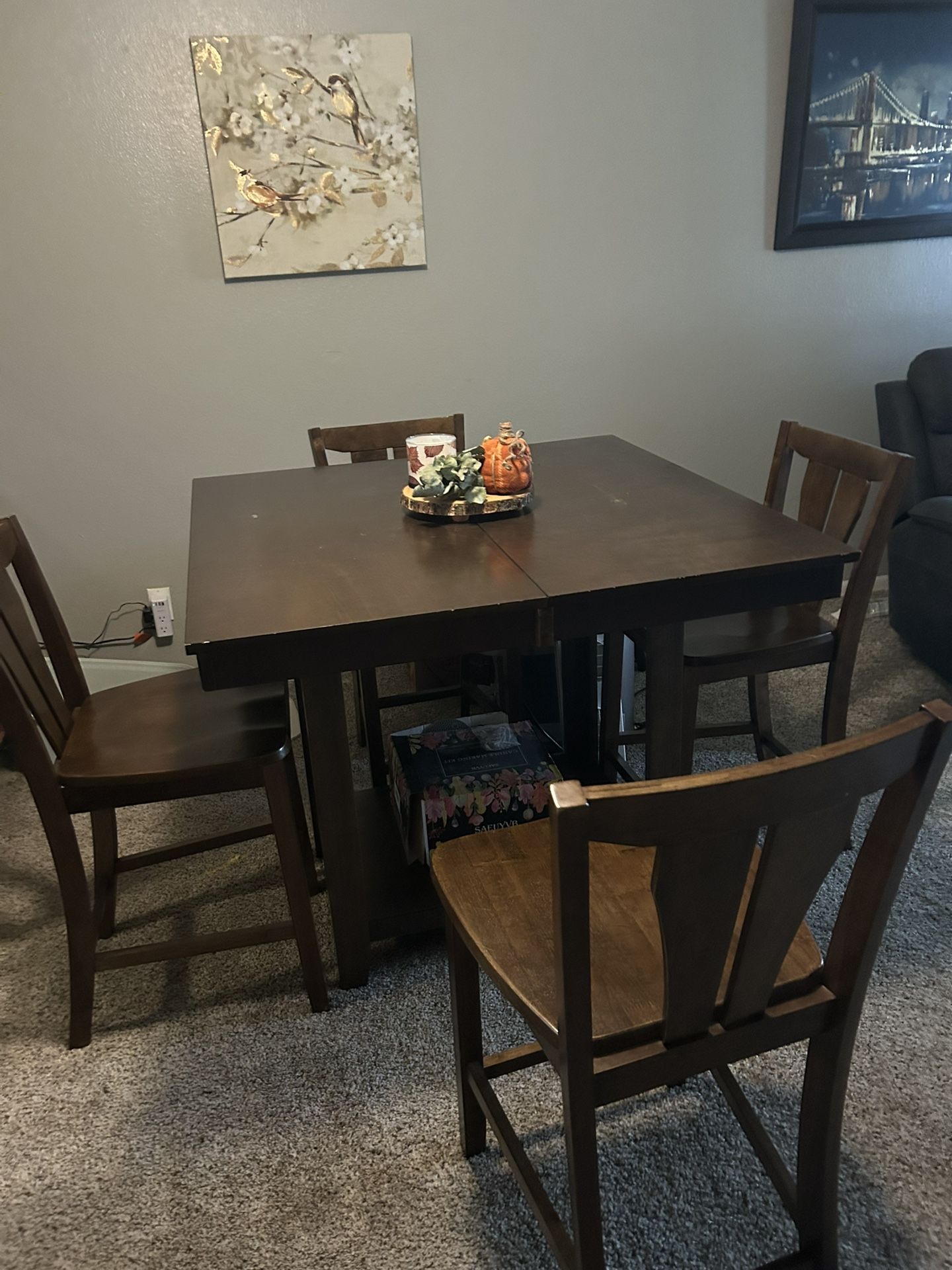 Table and 4 Four Chairs Bar Height Brown