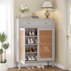 F1880 new assembled Wooden Shoe Cabinet, Rattan Shoe Organizer with Doors and Drawer
