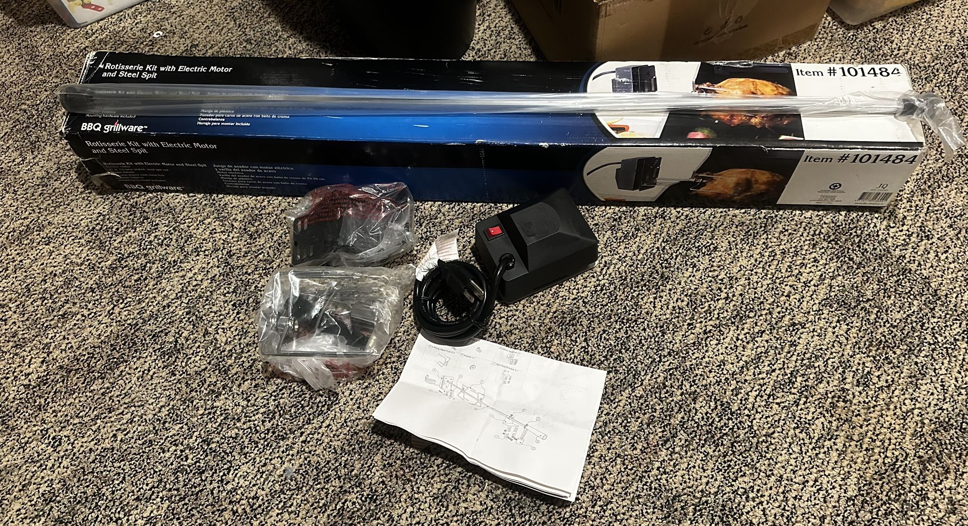 NEW BBQ GrillWare Electric Rotisserie Kit with Electric Motor and Stainless Steel Spit; BBQ Grill Roaster Rod