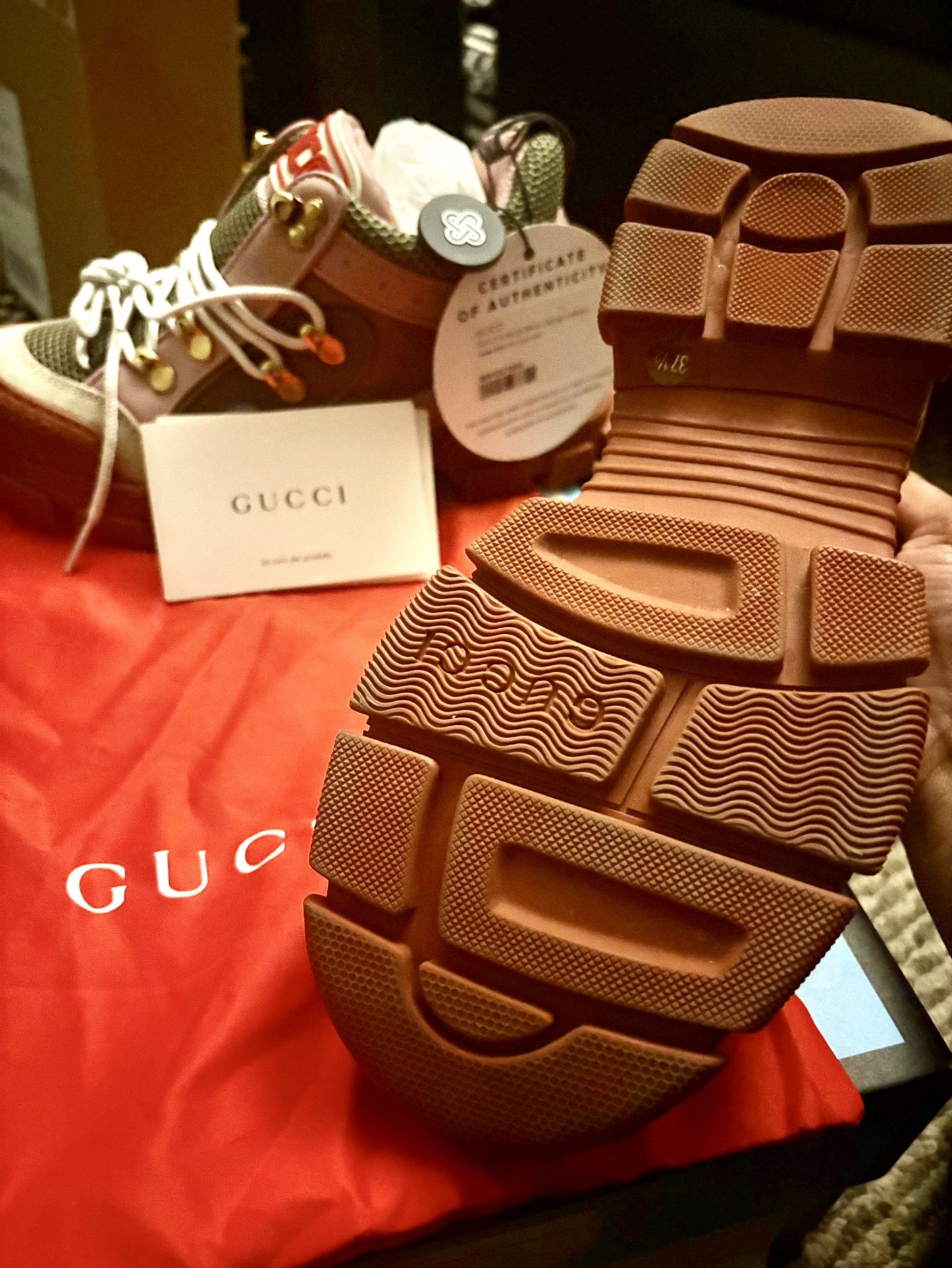 Tan, Brown & Pink Gucci X Sega Collab Sneakers