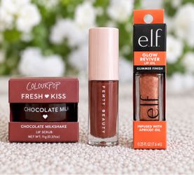 ColourPop Lip Scrub, Fenty Beauty Lip Gloss, and e.l.f. Glow Reviver Lip Oil Bundle