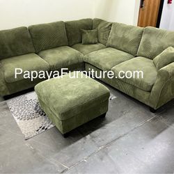 New! Green Sectional Sofa And Ottoman, Sage Sectional, Sectionals, Sofa, Couch, Living Room Sofa, Corduroy Sectional, Plush Sectional,Soft Plush Couch