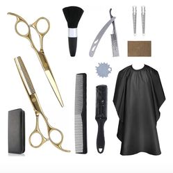 12 Piece Home Hair Cutting Kit w/ Gold Color Stainless Steel Scissors, Thinning Shears, Comb, Cape, Neck Duster, Clips, Storage Case *NEW in Plastic*