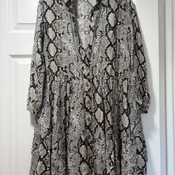 Snakeskin print dress, black/cream