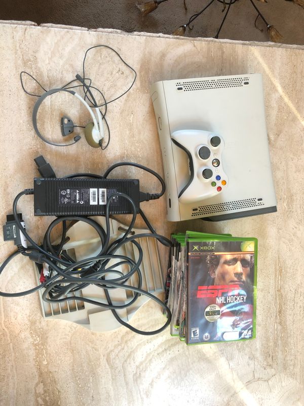 Broken Xbox 360 with old games, headset, controller for Sale in