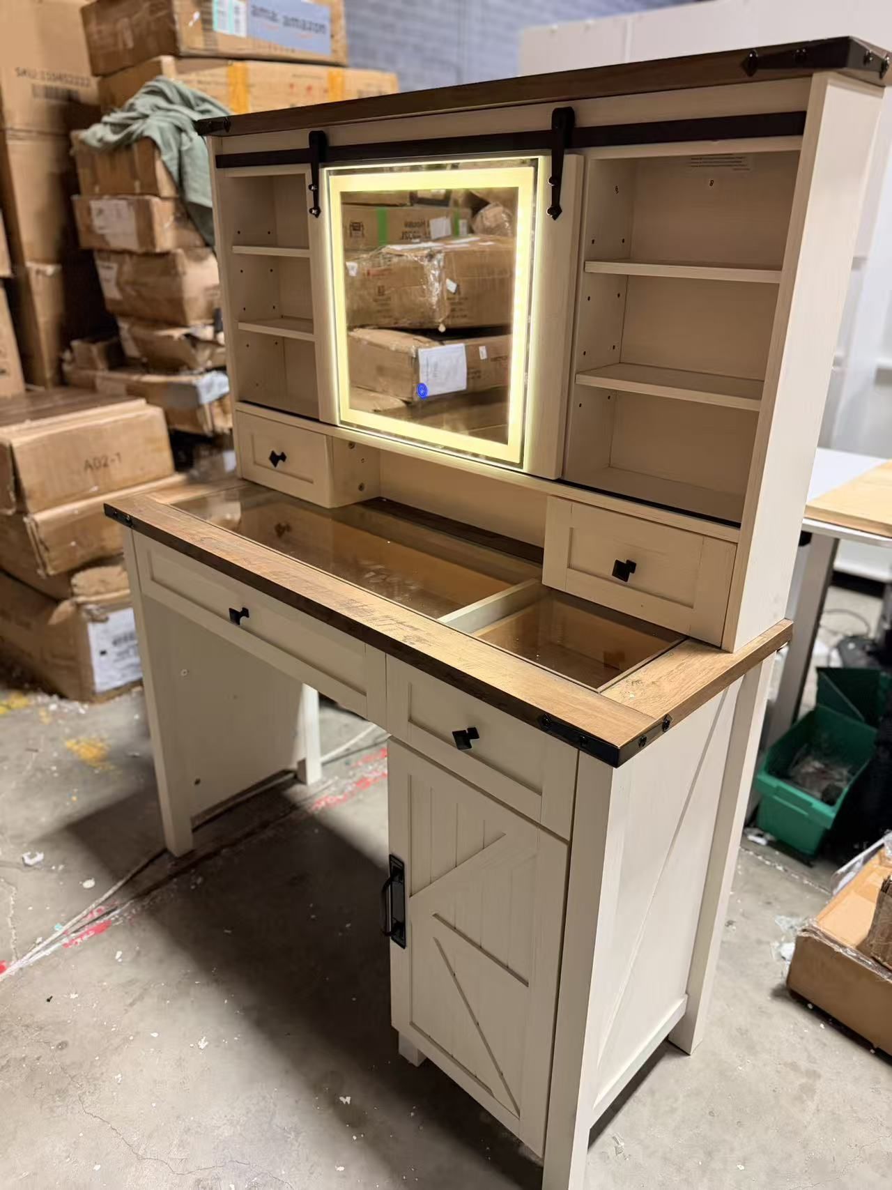 Farmhouse Makeup Vanity Desk with Sliding Mirror and Lights, 42'' Glass Tabletop Vanity Table with 2 Drawers $180