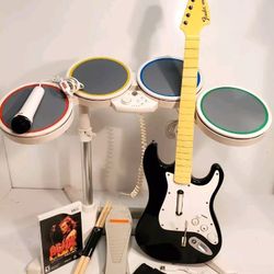 Wii Rock Band 2 3 *USB Wired Drums*Fender Strat Guitar*Dongles*Mic*RB AC/DC Game