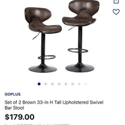 New Set of 2 Brown 33-in H Tall Upholstered Swivel Bar Stool.  (NUEVAS).  