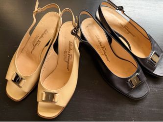 Salvatore Ferragamo Sandals Womens Leather Slingback Square Toe Block Heel  . Two pairs $170