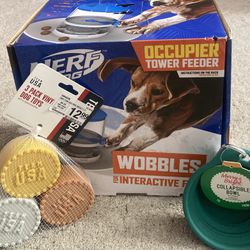 TEAM USA  3 PACK TOYS,  NERF DOG OCCUPIER TOWER FEEDER & MERRY & BRIGHT COLLAPSIBLE BOWL